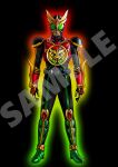  1boy arcle_(kuuga) armor belt black_bodysuit bodysuit cell_medal claw_(weapon) compound_eyes core_medal fusion gloves gold_horns green_eyes helmet holding horns kamen_rider kamen_rider_kuuga kamen_rider_kuuga_(mighty_form) kamen_rider_kuuga_(series) kamen_rider_ooo kamen_rider_ooo_(series) looking_at_viewer mask neofrontier o_medal o_scanner ooo_driver power_armor red_armor rider_belt shoulder_armor solo standing tatoba_(ooo_combo) tokusatsu weapon 