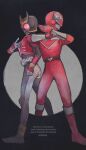  arcle_(kuuga) armor belt black_bodysuit bodysuit boots company_connection compound_eyes crossover gloves gold_horns heisei helmet highres horns jo_mawe kamen_rider kamen_rider_kuuga kamen_rider_kuuga_(mighty_form) kamen_rider_kuuga_(series) male_focus mask mirai_sentai_timeranger multiple_boys red_armor red_eyes rider_belt shoulder_armor stag_beetle standing super_sentai time_red tokusatsu 