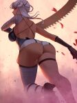  1girl ass back bandaged_arm bandaged_leg bandages black_footwear breasts brown_eyes dust_cloud flower from_behind hair_flower hair_ornament half-closed_eyes high_heels ignite_(artist) kaine_(nier) large_breasts looking_to_the_side medium_hair nier_(series) nier_automata petals single_thighhigh solo thick_thighs thighhighs thighs white_hair white_legwear 