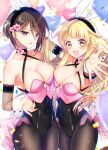  2girls :d animal_ears balloon bang_dream! bangs black_choker black_hair black_legwear black_leotard blonde_hair blue_nails blush breast_press breasts bunny_ears choker cleavage closed_mouth commentary_request confetti covered_navel cowboy_shot criss-cross_halter fake_animal_ears flower frown hair_between_eyes hair_flower hair_ornament hairband halterneck heart_balloon highres lace-trimmed_hairband lace_trim large_breasts leotard long_hair looking_at_viewer multiple_girls nail_polish open_mouth pantyhose playboy_bunny purple_eyes short_hair sidelocks sleeveless smile standing tsurugi_hikaru tsurumaki_kokoro white_background wrist_cuffs yashio_rui yellow_eyes yellow_nails 