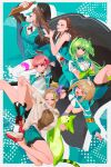  6+girls ahoge bangs_pinned_back beret blonde_hair braid breasts bridal_gauntlets brown_hair fish_hair_ornament green_eyes green_hair hair_between_eyes hair_bun hair_ornament hairband half_up_braid hat heaven_burns_red highres large_breasts long_hair multicolored_hair multiple_girls ooshima_ichiko ooshima_isuzu ooshima_minori ooshima_muua ooshima_niina ooshima_yotsuha pleated_skirt red_eyes red_hair sextuplets short_hair siblings sisters skirt sportswear streaked_hair stuffed_toy tanaka_kuronisi team_31e_(heaven_burns_red) two_side_up yellow_eyes 