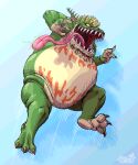 anthro blonde_hair bodily_fluids chopangigante green_body hair hi_res long_tongue male monster open_mouth power_rangers red_eyes saliva sharp_teeth solo tan_body teeth terror_toad toad tongue tongue_out yellow_sclera