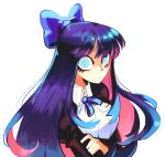  1girl bangs blue_bow blue_eyes blue_hair bow breasts collared_shirt colored_inner_hair crossed_arms firebay frown hair_bow highres juliet_sleeves long_sleeves looking_at_viewer medium_breasts multicolored_hair panty_&amp;_stocking_with_garterbelt pink_hair puffy_sleeves shirt solo stocking_(psg) white_background white_shirt wide-eyed 