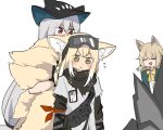  3girls :d ^^^ ^_^ animal_ear_fluff animal_ears arknights arm_ribbon ascot black_capelet black_gloves black_headwear black_pants blonde_hair blush capelet closed_eyes closed_mouth coat commentary dog_ears dog_girl eyebrows_visible_through_hair eyes_visible_through_hair eyewear_on_head fox_ears fox_girl fox_tail gloves goggles goggles_on_head green_coat green_eyes hair_between_eyes hat id_card kumamoto_aichi kyuubi long_hair multiple_girls multiple_tails open_clothes open_coat open_mouth pants podenco_(arknights) pouch red_eyes red_ribbon ribbon rock silver_hair simple_background skadi_(arknights) smile surprised suzuran_(arknights) suzuran_(lostlands_flowering)_(arknights) tail tail_hug white_background yellow_ribbon 