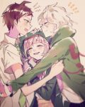  1girl 2boys :d ahoge animal_bag backpack bag bangs black_jacket blurry blurry_foreground blush brown_hair cat_bag closed_eyes commentary_request danganronpa_(series) danganronpa_2:_goodbye_despair depth_of_field facing_another from_side green_jacket green_neckwear grey_hair hair_ornament hairclip hand_on_another&#039;s_head highres hinata_hajime hood hood_up hooded_jacket jacket komaeda_nagito long_sleeves looking_at_another medium_hair mian_(nemu_0118) motion_blur multiple_boys nanami_chiaki necktie open_mouth pink_bag pink_hair sandwiched shiny shiny_hair short_hair short_sleeves smile 