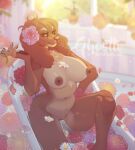  anthro bathing bathtub big_breasts breasts brown_body brown_fur canid canine canis claws domestic_dog eyelashes female flowers_in_hair fur genitals ghostli looking_at_viewer mammal nails nude pussy solo thick_thighs water wet 