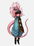  1girl android_21 armlet arms_behind_back beerus beerus_(cosplay) black_sclera blue_pants breasts choker clothing_request colored_sclera colored_skin cosplay dragon_ball dragon_ball_fighterz dragon_ball_super earrings floating full_body jewelry kemachiku long_hair majin_android_21 messy_hair pants pink_skin pointy_ears red_eyes solo tail white_hair 