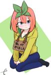  1girl bangs between_legs black_legwear blue_eyes blue_pants blush breasts closed_mouth commentary_request drawstring eyebrows_behind_hair go-toubun_no_hanayome green_background green_ribbon hair_between_eyes hair_ribbon hand_between_legs highres hood hood_down hoodie kujou_karasuma looking_at_viewer medium_breasts nakano_yotsuba no_shoes orange_hair pants pet_shaming ribbon sign sign_around_neck signature sitting socks solo sweat tears two-tone_background wariza wavy_mouth white_background yellow_hoodie 