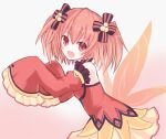  1girl :d alyn_(fairy_fencer_f) bangs bare_shoulders detached_sleeves dress eyebrows_visible_through_hair fairy_fencer_f fairy_wings from_side gradient gradient_background hair_ornament juliet_sleeves long_sleeves looking_at_viewer low_wings medium_hair open_mouth orange_hair orange_wings pink_eyes puffy_sleeves sleeves_past_fingers sleeves_past_wrists smile solo suta_(clusta) twintails wings 