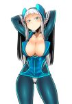  1girl arms_behind_head arms_up ass_visible_through_thighs bangs blue_bodysuit blue_dress blue_eyes blush bodysuit breasts closed_mouth collarbone commentary_request dress electro_emilia headgear highleg highleg_panties ken_(koala) large_breasts long_hair long_sleeves looking_at_viewer original panties shiny shiny_clothes shiny_skin short_dress simple_background skin_tight solo underwear white_hair 