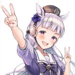  1girl :d animal_ears bangs black_bow blush bow brown_headwear commentary_request double_v ear_covers eyebrows_visible_through_hair gold_ship_(umamusume) hat horse_ears long_hair looking_at_viewer midorikawa_you mini_hat open_mouth outstretched_arm puffy_short_sleeves puffy_sleeves purple_bow purple_shirt red_eyes shirt short_sleeves silver_hair simple_background smile solo umamusume upper_body v white_background 