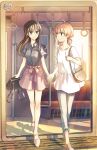  2girls artist_name bag brown_eyes brown_footwear brown_hair eye_contact fre_(silent_life) grey_pants handbag high_heels highres holding_hands koito_yuu long_hair looking_at_another multiple_girls nanami_touko pants pink_skirt shadow shirt short_hair short_sleeves short_twintails skirt standing train_interior twintails yagate_kimi_ni_naru yuri 