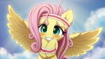  2021 absurd_res accessory blush digital_media_(artwork) equid equine eyelashes feathered_wings feathers female feral fluttershy_(mlp) friendship_is_magic fur grin hair hasbro headband hi_res long_hair looking_at_viewer mammal my_little_pony pegasus pink_hair smile solo spread_wings sweatband symbianl teal_eyes wings wristband yellow_body yellow_feathers yellow_fur 