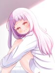  1girl bangs blunt_bangs blush closed_mouth commentary_request feet_out_of_frame head_tilt highres hololive hood hood_down kiwami133 leg_hug long_hair long_sleeves looking_at_viewer murasaki_shion nail_polish shirt silver_hair sitting smile solo sunlight virtual_youtuber waking_up white_shirt yellow_eyes 