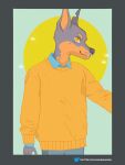  absurd_res anthro blue_clothing blue_shirt blue_topwear canid canine canis clothing damienkamien dobermann domestic_dog facial_piercing hi_res male mammal nose_piercing piercing pinscher shirt simple_background sweater topwear yellow_clothing yellow_eyes yellow_sweater yellow_sweatshirt yellow_topwear 