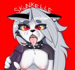  4_fingers anthro big_breasts big_penis bodily_fluids breasts canid canid_demon canine claws collar cum cum_in_mouth cum_inside cum_on_cheek cum_on_face cum_on_tongue demon duo ear_piercing erection fangs female female_focus fingers fur genital_fluids genitals grey_body grey_fur grey_hair hair handjob hellhound helluva_boss hypnosis looking_at_viewer loona_(vivzmind) male male/female mammal mind_control nipples nude open_mouth penile penis piercing red_background red_eyes sex signature simple_background skunkelle solo_focus spiked_collar spikes teeth tongue tongue_out white_body white_fur 