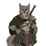  1:1 absurd_res amulet anthro armor brown_body brown_fur brown_nose canid canine canis chest_tuft clothed clothing fangs far_beyond_the_world_(series) fluffy fluffy_tail fur green_eyes head_tuft hi_res kael_tiger looking_at_viewer male mammal multicolored_body multicolored_fur navel neck_tuft nipples partially_clothed pubic_hair_peek ranok_(far_beyond_the_world) simple_background solo sprite sprite_art toothy_grin topless_anthro topless_male tuft two_tone_body two_tone_fur video_games visual_novel weapon weapon_on_back white_background wolf 