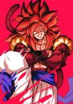 1boy bangs bare_pectorals biceps blue_eyes crossed_arms dragon_ball dragon_ball_gt gogeta highres looking_down male_focus metamoran_vest monkey_boy monkey_tail muscular muscular_male obi pants pectorals red_fur red_hair relio_db318 sash simple_background smirk solo spiked_hair standing super_saiyan super_saiyan_4 tail teeth white_pants 