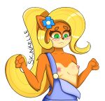  4_fingers accessory activision anthro bandicoot blonde_hair blush breasts clothed clothing coco_bandicoot crash_bandicoot_(series) erect_nipples female fingers flower flower_in_hair fur green_eyes hair hair_accessory long_hair looking_down mammal marsupial nipples orange_body orange_fur plant signature simple_background skunkelle small_breasts solo video_games wardrobe_malfunction white_background 