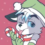  1:1 anthro blep candy candy_cane canid canine canis dante_kinkade dessert elf_hat food hi_res licking male mammal one_eye_closed senshion snow snowing solo tongue tongue_out wink wolf 