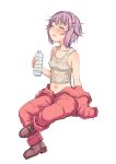  1girl blush bottle closed_eyes hair_intakes highres hot idolmaster idolmaster_cinderella_girls invisible_chair jumpsuit koshimizu_sachiko navel pink_hair sakaki_imasato short_hair sitting solo sweat tank_top water_bottle wet white_background 