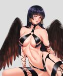  1girl absurdres bangs bikini black_bikini black_hair black_wings blunt_bangs breasts collarbone dead_or_alive feathered_wings gradient gradient_wings hair_tubes highleg highleg_swimsuit highres hime_cut large_breasts light_smile lips long_hair looking_at_viewer mole mole_under_mouth multicolored multicolored_wings navel nyotengu o-ring o-ring_bikini o-ring_swimsuit o-ring_top parted_lips purple_eyes red_wings revealing_clothes ryudraw sitting skindentation solo stomach swimsuit swimwear tengu thigh_strap white_background wings zipper zipper_pull_tab 