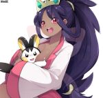  1girl :d bangs big_hair blush breasts collarbone commentary_request dark_skin dark_skinned_female ddangbi emolga eyebrows_visible_through_hair eyelashes gen_5_pokemon hair_tie holding holding_pokemon iris_(pokemon) korean_commentary long_hair open_mouth parted_bangs pink_eyes pokemon pokemon_(creature) pokemon_(game) pokemon_bw2 purple_hair simple_background smile tied_hair tongue upper_teeth watermark white_background wide_sleeves 