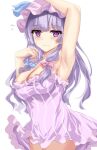  1girl arm_above_head armpits bangs blue_bow blunt_bangs blush bow breasts cleavage closed_mouth commentary_request cowboy_shot dress eyebrows_visible_through_hair flying_sweatdrops hat kerotsupii_deisuku large_breasts long_hair looking_at_viewer mob_cap patchouli_knowledge pink_bow purple_dress purple_eyes purple_hair purple_headwear sidelocks simple_background solo sweat touhou wavy_mouth white_background 