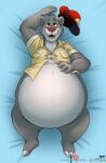  anthro baloo belly big_belly clothing disney dress_shirt half-closed_eyes hand_on_stomach hat headgear headwear lying male narrowed_eyes on_back pear-shaped_figure scott_calico shirt smile smiling_at_viewer solo talespin tight_clothing topwear wide_hips 
