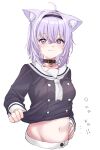  1girl ahoge animal_ears cat_ears clothes_pull cropped_torso hairband highres hololive kamisuiori midriff navel nekomata_okayu purple_eyes purple_hair shirt_pull white_background 