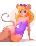  anthro blonde_hair bo9obo breasts camel_toe chip_&#039;n_dale_rescue_rangers cleavage clothed clothing disney eyelashes eyewear female gadget_hackwrench goggles hair hi_res leggings legwear leotard mammal mouse murid murine rodent sitting solo thigh_highs wide_hips 