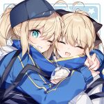  2girls :d ahoge artoria_pendragon_(all) backpack bag bangs baseball_cap black_bow black_headwear blonde_hair blue_eyes blue_jacket blush bow character_request drinking_straw fate/grand_order fate_(series) grin hair_bow hat hug jacket kamiowl long_sleeves looking_at_viewer multiple_girls mysterious_heroine_x_(fate) open_mouth ponytail scarf smile v 