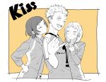  1boy 2girls \m/ blush border bunko_(pixiv23590110) closed_eyes english_text eyebrows eyelashes grin haikyuu!! hand_on_hip jacket kiss kuribayashi_runa long_sleeves looking_at_viewer misaki_hana monochrome multicolored_hair multiple_girls o3o one_eye_closed open_mouth puckered_lips shirt short_hair short_sleeves smile sportswear standing teeth terushima_yuuji tiptoe_kiss tiptoes tongue track_jacket two-tone_hair upper_body volleyball_uniform yellow_background 