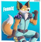  2019 accessory anthro belt black_ears black_nose brown_body brown_fur canid canine canis cheek_tuft clothed clothing digital_media_(artwork) dipstick_tail english_text epic_games facial_tuft fennix_(fortnite) fluffy fluffy_tail fortnite fox fur gesture gloves handwear hi_res inner_ear_fluff jumpsuit knee_pads leo-wolf looking_away male mammal multicolored_tail muscular muscular_anthro muscular_male neck_tuft orange_body orange_fur orange_sclera pecs pockets pointing pointing_at_self shoulder_pads signature simple_background sitting smile solo teeth text tuft video_games white_body white_fur yellow_eyes 