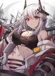  1girl arknights bangs bare_shoulders black_choker breasts choker cleavage commentary crop_top eyebrows_visible_through_hair hair_between_eyes highres horns infection_monitor_(arknights) large_breasts long_hair looking_at_viewer midriff mudrock_(arknights) navel off_shoulder oripathy_lesion_(arknights) parted_lips pointy_ears red_eyes silver_hair solo sports_bra stomach stratoz 