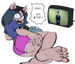  2021 5_toes angry anthro bottomwear butt cartoon_hangover casroder claire_(the_summoning) clothing feet felid feline female hi_res hotpants korean_text lying mammal on_side shorts solo text the_summoning toes translated watching_tv 