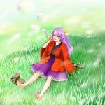  1girl barefoot bubble bubble_blowing field grass highres jc13 komakusa_sannyo pipe pipe_in_mouth purple_hair purple_skirt shoes_removed skirt solo touhou unconnected_marketeers 