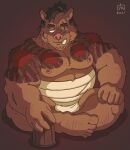  2021 anthro belly big_belly brown_body brown_fur clothing fur goyemon_k hi_res humanoid_hands kemono male mammal moobs musclegut nipples overweight overweight_anthro overweight_male scar sitting solo suid suina sus_(pig) tattoo underwear wild_boar 