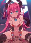  1girl armor asymmetrical_horns bangs bikini_armor blade_(galaxist) blue_eyes blush breasts curled_horns dragon_girl dragon_horns dragon_tail elizabeth_bathory_(brave)_(fate) elizabeth_bathory_(fate)_(all) fate/grand_order fate_(series) girl_on_top horns long_hair looking_at_viewer pink_hair pointy_ears small_breasts straddling tail 
