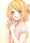  1boy 1girl aqua_eyes blonde_hair commentary from_side hands_together hands_up hinata_(princess_apple) kagamine_len kagamine_rin looking_back nail_polish open_mouth out_of_frame pink_shirt shirt short_hair short_sleeves sideways_glance smile steepled_fingers tying_hair upper_body vocaloid yellow_nails 