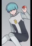  1boy bangs blunt_bangs boots commentary_request furosushi green_hair grey_background grey_shirt hand_up holding holding_poke_ball logo long_sleeves male_focus poke_ball poke_ball_(basic) pokemon pokemon_(game) pokemon_dppt shirt short_hair simple_background smile solo team_galactic team_galactic_grunt team_galactic_uniform white_footwear 
