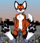  4_toes absurd_res anthro barefoot black_claws black_hair black_pawpads building canid canine city claws crush destruction domination duo feet flattened foot_focus fox fur fur_markings hair hi_res hindpaw larger_anthro macro male mammal markings micro pawpads paws rampage red_body red_fur redrick_(erickredfox) road sitting size_difference size_play smiling_at_viewer stomping stuck_to_feet toes unknown_artist vehicle 