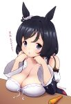 1girl :o animal_ears arm_support bare_shoulders black_hair blue_eyes bow breast_rest breasts carrot cleavage collarbone deto dress eishin_flash_(umamusume) eyebrows_visible_through_hair head_on_hand highres horse_ears lace-trimmed_dress lace_trim large_breasts leaning_forward looking_at_viewer maid_headdress medium_hair open_mouth table translation_request twitter_username umamusume upper_body wide_sleeves 