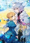  1boy 1girl ahoge artoria_pendragon_(all) bangs blonde_hair blue_dress blue_eyes blurry blurry_background braid bug butterfly cape dress fate/grand_order fate_(series) flower green_eyes grey_hair highres holding holding_flower insect juliet_sleeves kamiowl long_hair long_sleeves looking_at_viewer merlin_(fate) open_mouth outdoors pointy_ears puffy_sleeves ribbon saber short_hair smile white_cape 