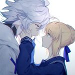  1boy 1girl ahoge artoria_pendragon_(all) blue_ribbon blue_sailor_collar blue_shirt braid eyebrows_visible_through_hair fate/grand_order fate_(series) from_side green_eyes grey_hair hair_ribbon hands_on_another&#039;s_cheeks hands_on_another&#039;s_face hands_up kamiowl looking_at_another merlin_(fate) messy_hair ribbon saber sailor_collar school_uniform shiny shiny_hair shirt short_hair 