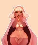  anthro bell bell_collar bo9obo bovid breasts cape caprine cleavage clothed clothing collar eyelashes female hair hand_on_face hi_res hood horn lipstick little_red_riding_hood little_red_riding_hood_(copyright) looking_at_viewer makeup mammal sheep solo standing white_hair wide_hips 