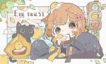  1girl animal_ears bandaid bandaid_on_face bangs black_jacket bocha_2_2 borrowed_character brown_hair cat_ears cloud egg_toast_girl_(haru57928031) eyebrows_visible_through_hair fried_egg fried_egg_on_toast highres jacket leaf looking_at_viewer mouth_hold original plant short_hair sign sleeves_past_fingers sleeves_past_wrists solo traffic_light upper_body 