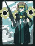  1girl absurdres aqua_eyes black_coat black_gloves blue_sky blush brown_hair cloud cloudy_sky coat cowboy_shot flower gloves goggles goggles_around_neck goggles_on_head gun haru57928031 highres holding holding_gun holding_weapon parted_lips shadow short_hair sky solo weapon zutto_mayonaka_de_ii_no_ni 