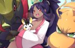  1girl :d bangs big_hair blush breasts collarbone commentary_request dark_skin dark_skinned_female ddangbi dragonite emolga eyebrows_visible_through_hair eyelashes gen_1_pokemon gen_5_pokemon hair_tie haxorus highres holding holding_pokemon iris_(pokemon) korean_commentary long_hair open_mouth parted_bangs pink_eyes pokemon pokemon_(creature) pokemon_(game) pokemon_bw2 purple_hair smile tied_hair tongue upper_teeth watermark wide_sleeves 