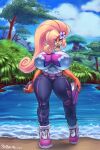  absurd_res activision anthro big_breasts big_nipples blonde_hair blue_eyes breasts coco_bandicoot crash_bandicoot_(series) female hair happy hi_res huge_breasts lips lipstick looking_at_viewer makeup nipple_outline nipples open_mouth open_smile ponytail puffy_nipples smile snao solo thick_thighs video_games wide_hips 